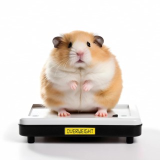 Fat hamster sitting on a scale with a display showing OVERWEIGHT on it. AI generated