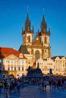 Jan Hus Monument and Teyn Church on Old Town Square