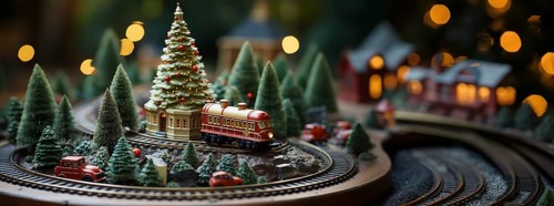 Model miniature troller train set and snowy christmas decorated town setting. generative AI