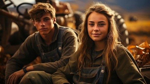 Cute teenaged couple enjoying a fall gathering on the country farm with friends