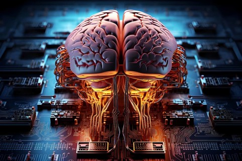 Illustration of a human brain connected to a circuit board with processors and other electronic components. AI generated
