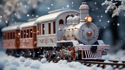 Miniature locamotive train set in A snowy christmas holiday setting. generative AI