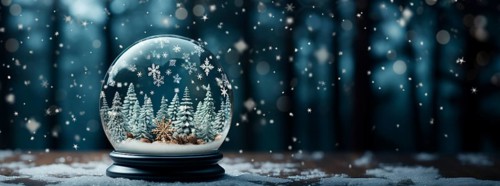Christmas snow globe with pine trees and cabin on a wood surface banner. generative AI