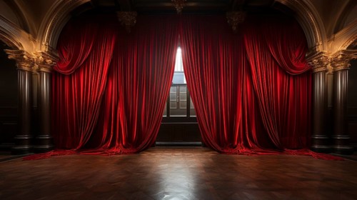 Dramatically lit lustrous red velvet theatre curtains and wooden stage floor. generative AI
