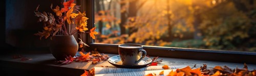 Cup and open book resting on window sill with a fall mountain country view banner