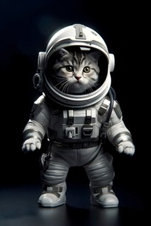 Illustration of a kitten dressed as an astronaut in studio setting. AI generated