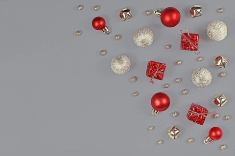 Silver and red Christmas ornaments like small gift boxes