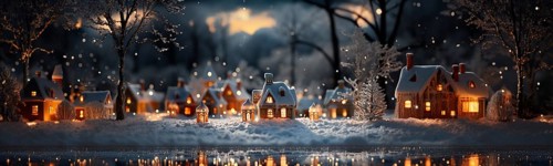 Miniature holiday christmas decorated town and snowy village scene banner. generative AI