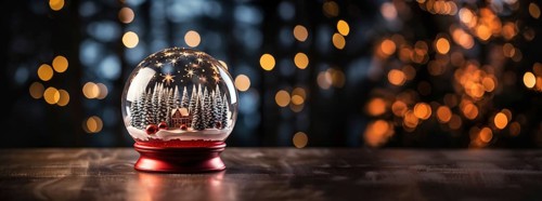 Christmas snow globe with pine trees and cabin on a wood surface banner. generative AI