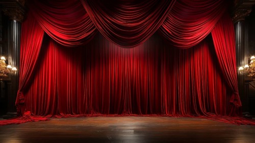 Dramatically lit lustrous red velvet theatre curtains and wooden stage floor. generative AI