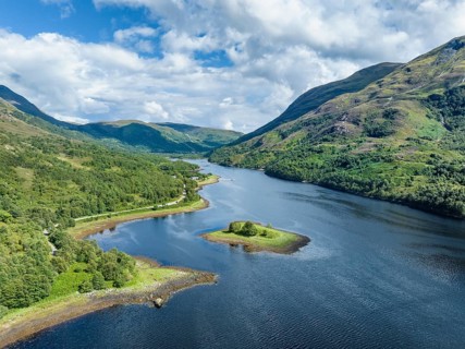 Aerial view of the eastern part of the freshwater loch Loch Leven with a small island