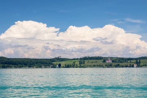 Summer day on Lake Constance with a view of the Birnau Basilica