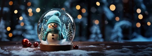 Christmas snow globe with snowman on a wood surface banner. generative AI