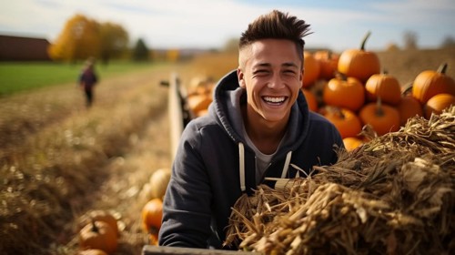 A teenage boy enjoying a fall gathering on the pumpkin farm with friends