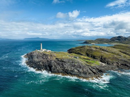 Aerial view of Ardnamurchan Point with the 35 metre high lighthouse