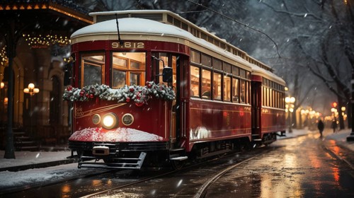 Festive christmas holiday decorated town trolley driving down the street. generative AI