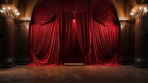 Dramatically lit lustrous red velvet theatre curtains and wooden stage floor. generative AI
