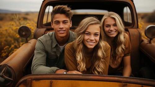A few teenaged friends pose for a portrait as they enjoy the fall gathering on the farm