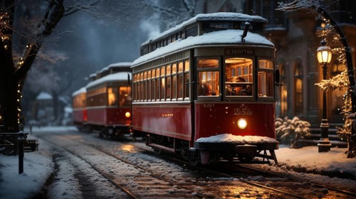 Festive christmas holiday decorated town trolley driving down the street. generative AI