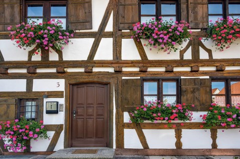 Half-timbered facade with geraniums