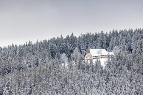 Old farm snowed in