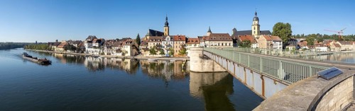 View of townscape on the Main with St. John's Church and town church and historic Old Main Bridge