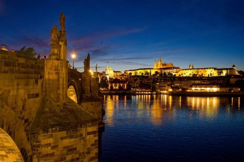 View from the Vltava River to Hradcany with Prague Castle