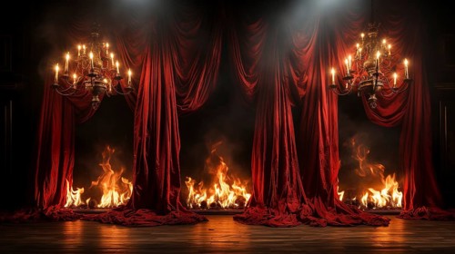 Theatre stage with red velvet curtains on fire. generative AI