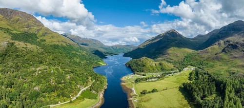 Aerial panorama of the eastern part of the freshwater loch Loch Leven