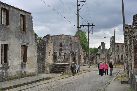 Ruins along the high street. The burned village Oradour-sur-Glane was destroyed on 10 June 1944