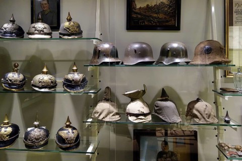 Collection of German First World War One helmets in the Memorial Museum Passchendaele 1917 at Zonnebeke