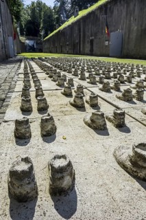 Pairs of boots remembering the soldiers who are still buried under the debris of the exploded Fort de Loncin