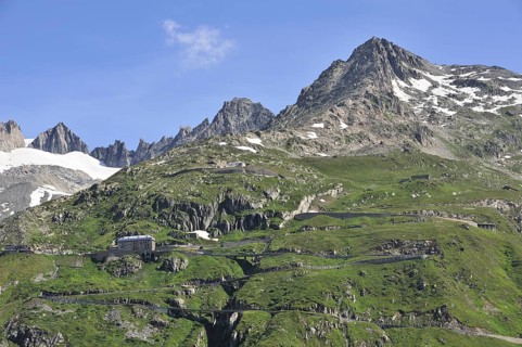 Winding road with hairpin curves over the Furka Pass in the Swiss Alps