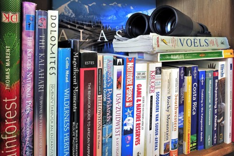 Collection of travel guides about worlwide holiday destinations on a bookshelf