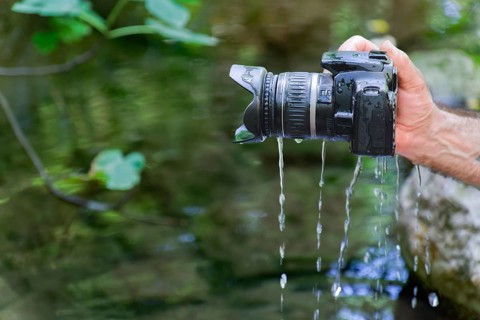 A reflex camera accidentally falls into the river