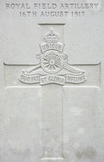 Royal Field Artillery regimental badge on headstone at Cemetery of the Commonwealth War Graves Commission for First World War One British soldiers