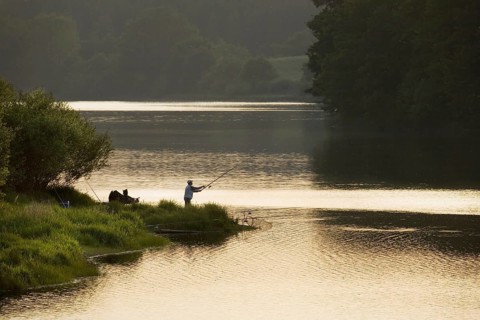 Angler fishing at sunset at the Buetgenbach reservoir in the Hautes Fagnes