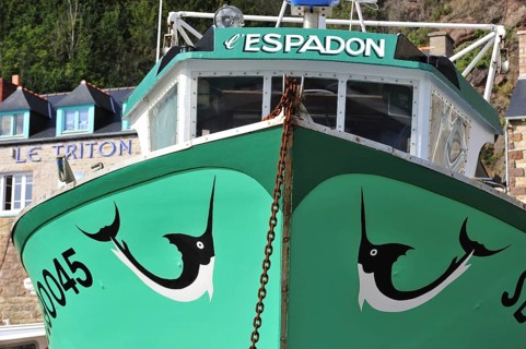 Bow of green fishing boat decorated with swordfish in the harbour at Erquy