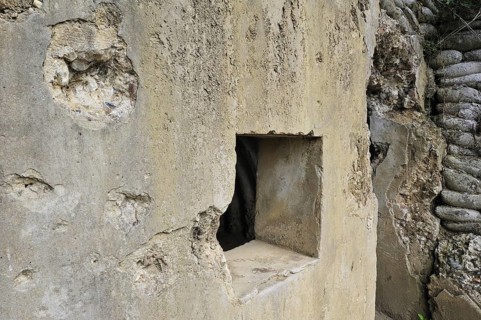 Bullet holes in one of the four British bunkers as headquarters on the Lettenberg