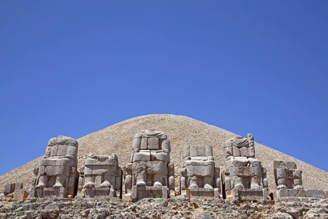 Broken statues of thrones at the East Terrace at Mount Nemrut