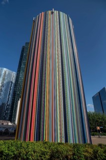 Colourful ventilation tower designed by artist Raymond Moretti