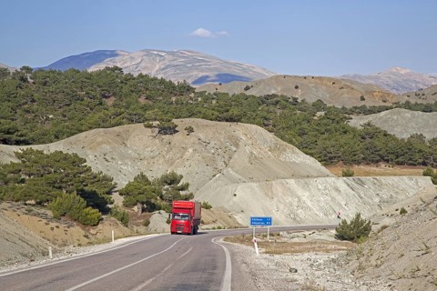 Red truck on motorway in Central Anatolia