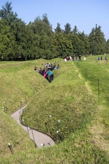 English school children visiting First World War One trenches of the Battle of the Somme at the Canadian Beaumont-Hamel Newfoundland Memorial