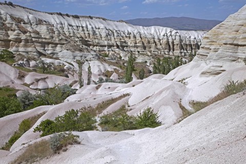 Eroded white and pink sandstone rock formations at Cappadocia in Central Anatolia