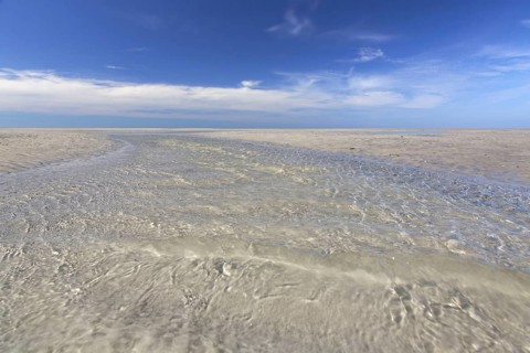 Water flowing through tidal creek into the Wadden Sea along the German North Sea coast