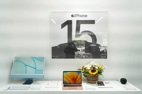 Apple iPhone 15 series smartphone banner installed in an Apple authorised reseller store iTech during the devices first day of sale in Guwahati