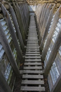Reconstruction of British First World War One trench showing wooden duckboards on A frames