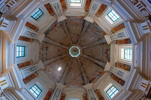 Inside of Temple of the Holy Cross with Sunlight in Riva San Vitale