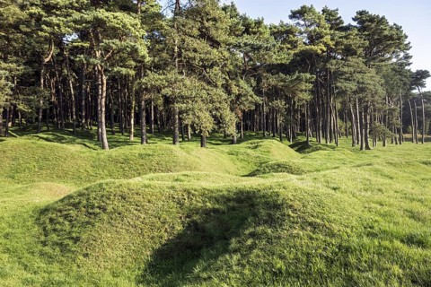 Preserved battlefield showing bomb craters near the Canadian National Vimy Memorial