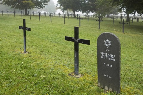 Jewish headstone amongst graves of German soldiers at the First Wolrd War One Deutscher Soldatenfriedhof Consenvoye